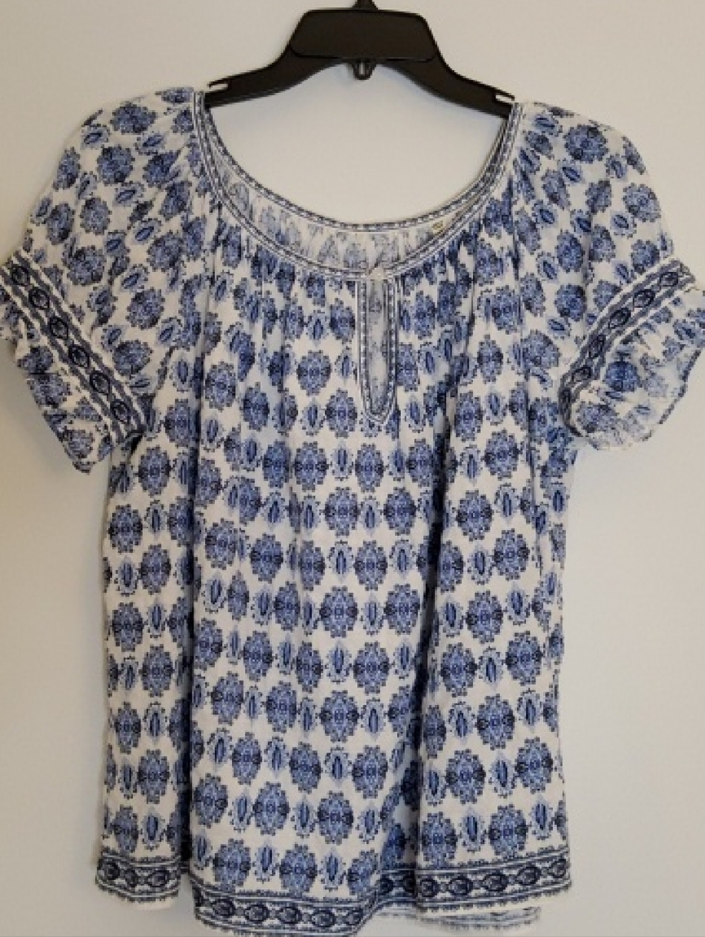 Blue & White Printed Short Sleeve Peasant Top - L